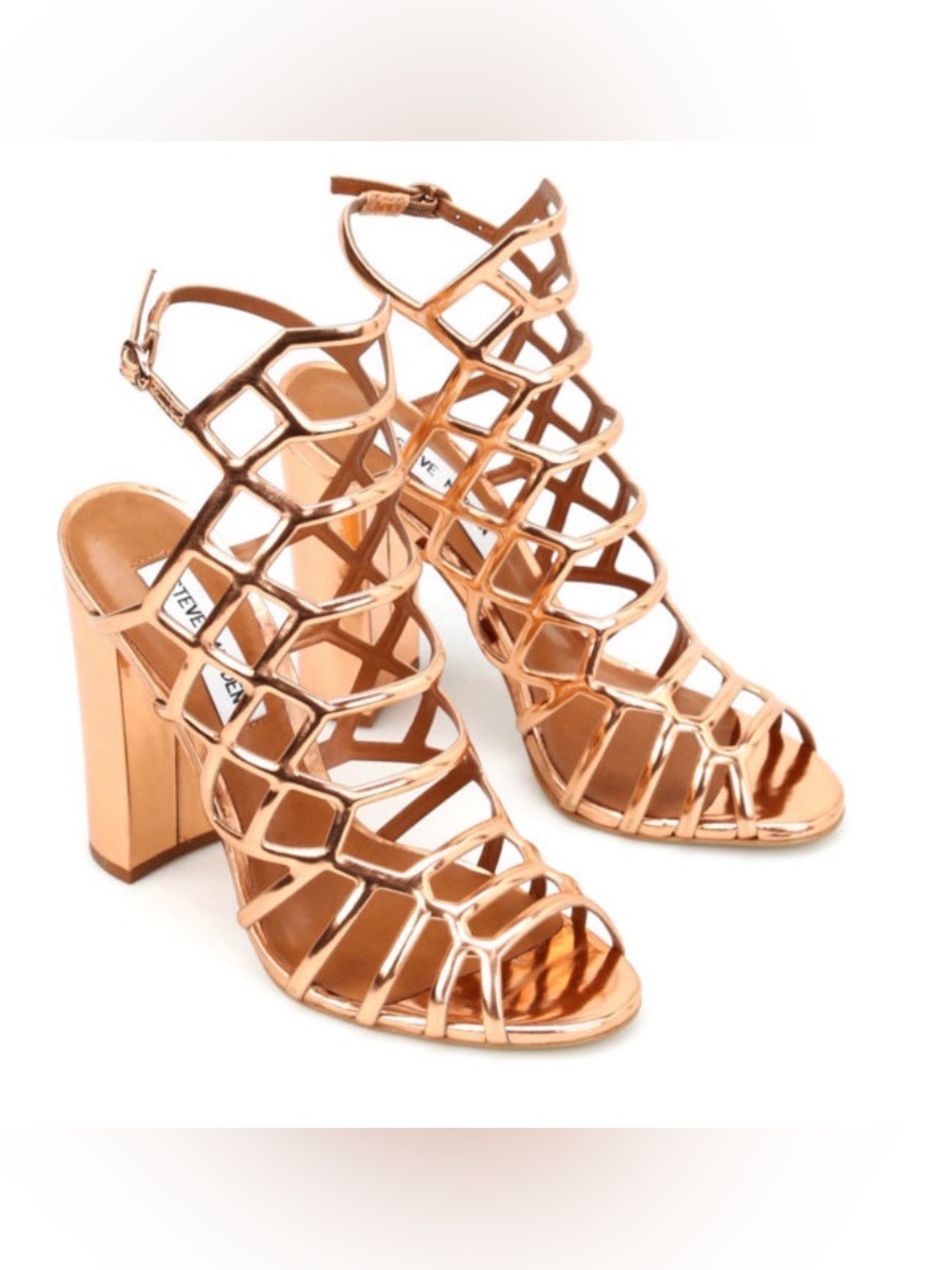 Steve Madden Rose Gold Caged Block Heel Sandals-7.5